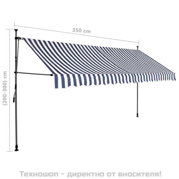 Ръчно прибиращ се сенник с LED, 350 см, синьо и бяло