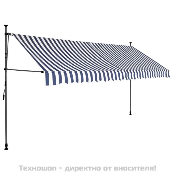 Ръчно прибиращ се сенник с LED, 400 см, синьо и бяло