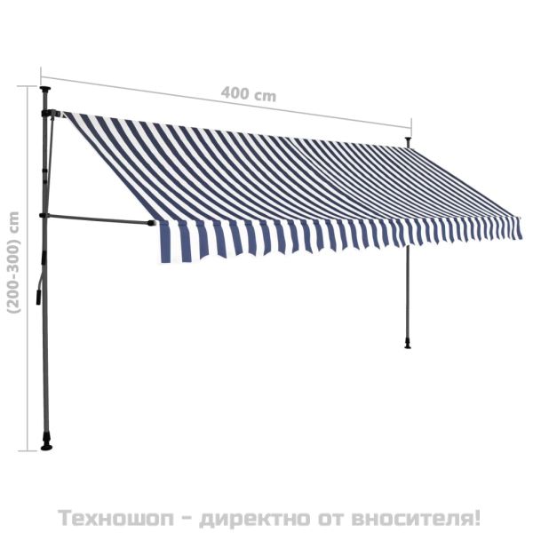 Ръчно прибиращ се сенник с LED, 400 см, синьо и бяло