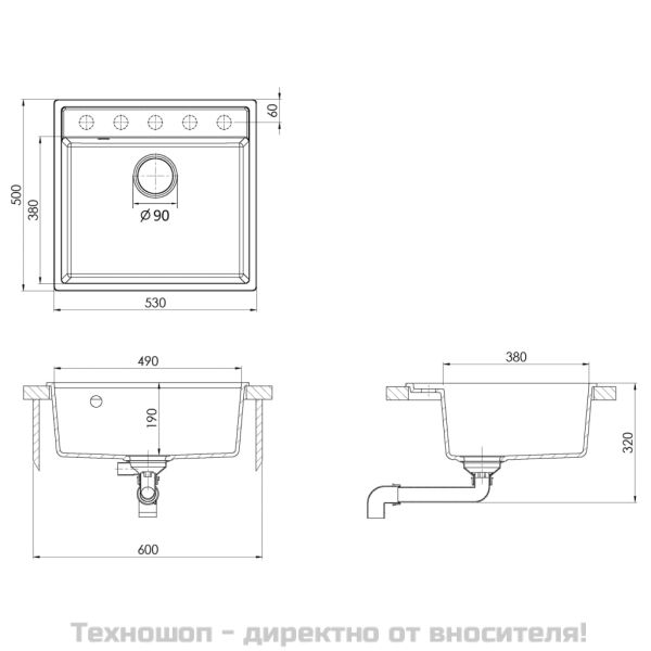 Кухненска мивка с преливник, сива, гранит