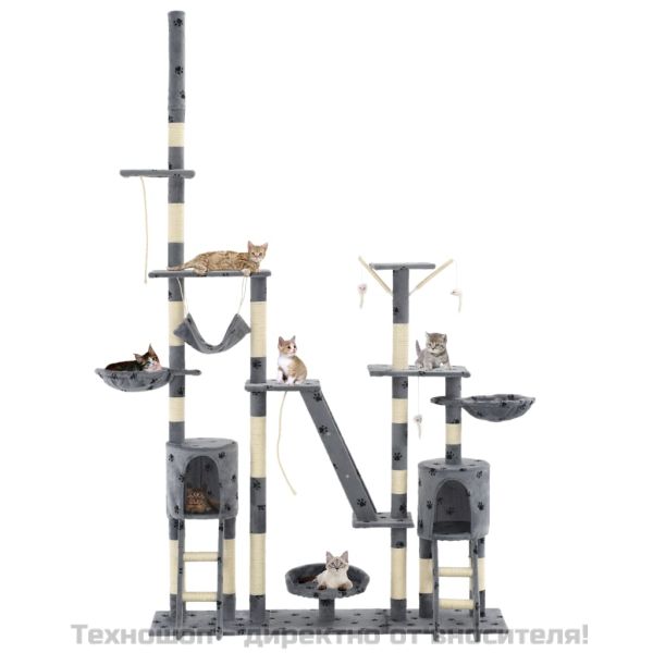 Котешко дърво със сизалени стълбове, 230-250 см, лапички, сиво