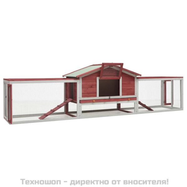 Клетка за зайци, червена, 310x70x87 см, чам и ела масив