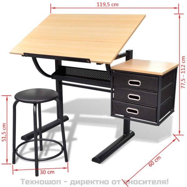 Чертожна маса с три чекмеджета, регулируема височина и табуретка