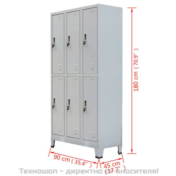 Заключващ се шкаф с 6 отделения, стомана, 90x45x180 см, сив