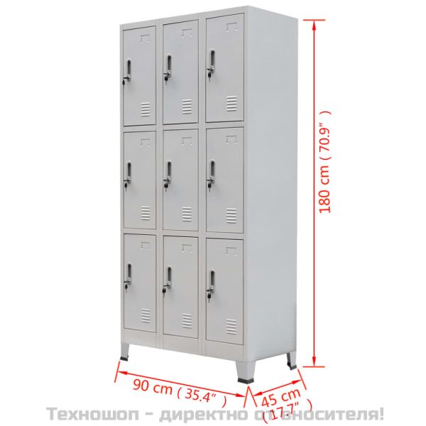 Заключващ се шкаф с 9 отделения, стомана, 90x45x180 см, сив