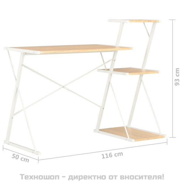 Бюро с рафт, бяло и дъб, 116x50x93 см