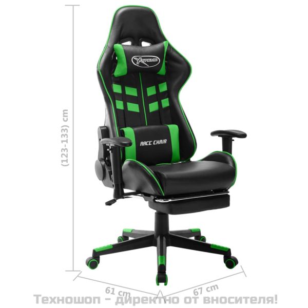 Геймърски стол с подложка крака черно и зелено изкуствена кожа