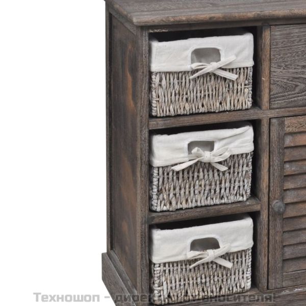 Дървен шкаф, 3 тъкани кошници отляво, кафяв