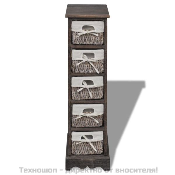 Кафяв дървен стелаж с 5 плетени кошници за съхранение