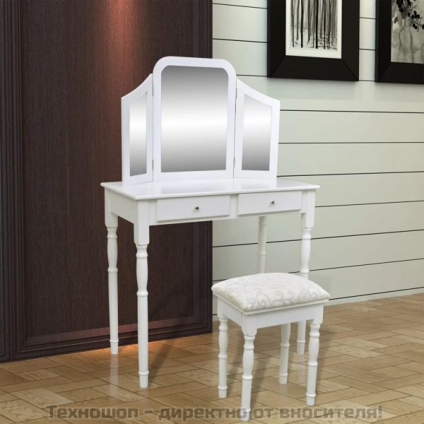 Тоалетка, 3 в 1 огледало и табуретка, 2 чекмеджета, бяла