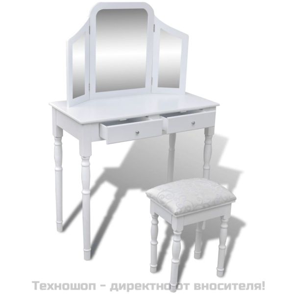 Тоалетка, 3 в 1 огледало и табуретка, 2 чекмеджета, бяла
