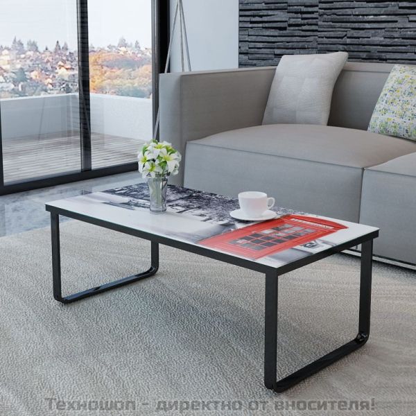 Маса за кафе със стъклен плот и принт на телефонна кабина