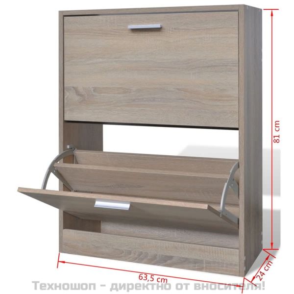 Дървен шкаф за обувки с 2 отделения, дъб