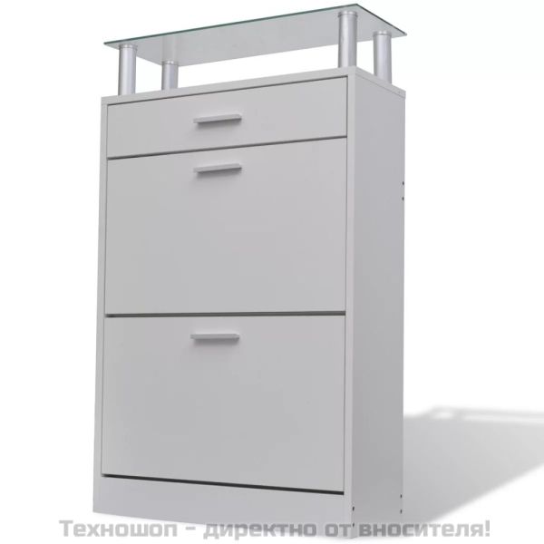 Шкаф за обувки с чекмедже и горен стъклен плот, дърво, бял