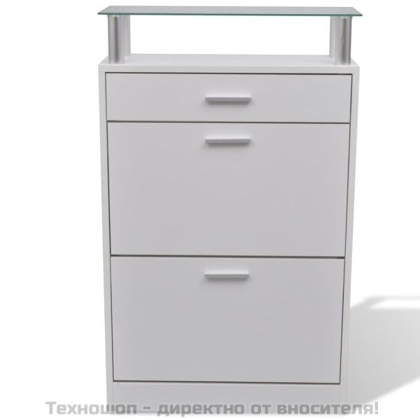 Шкаф за обувки с чекмедже и горен стъклен плот, дърво, бял