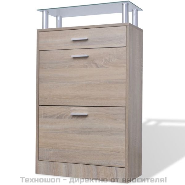 Шкаф за обувки с чекмедже, горен стъклен плот, дърво, дъб