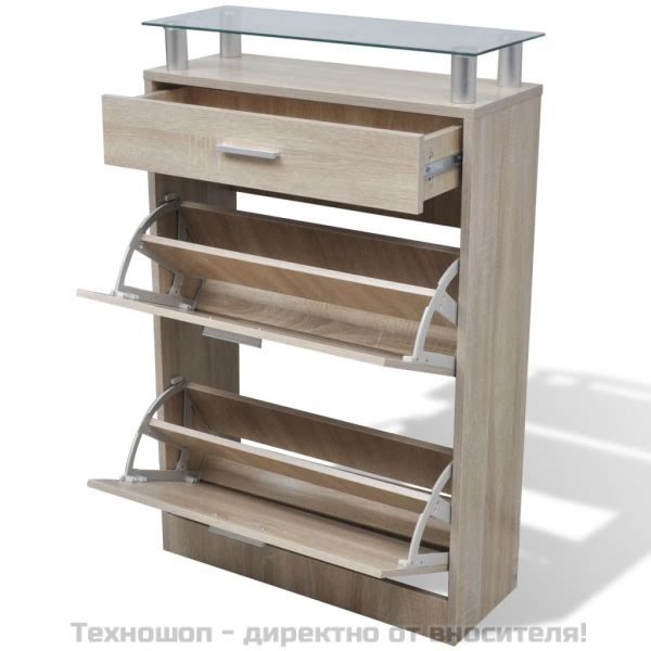 Шкаф за обувки с чекмедже, горен стъклен плот, дърво, дъб