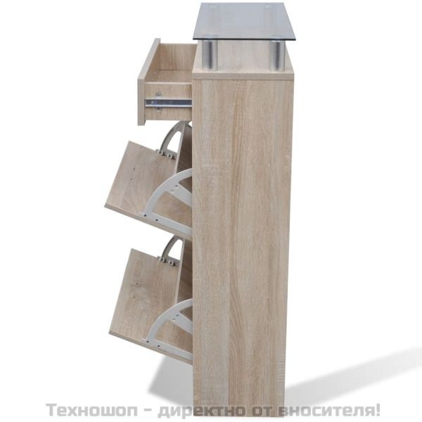 Шкаф за обувки с чекмедже, горен стъклен плот, дърво, дъб