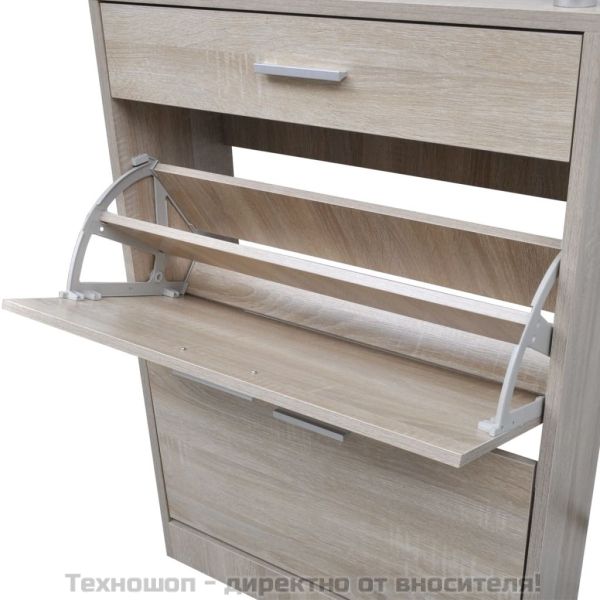 Шкаф за обувки с чекмедже, горен стъклен плот, дърво, дъб