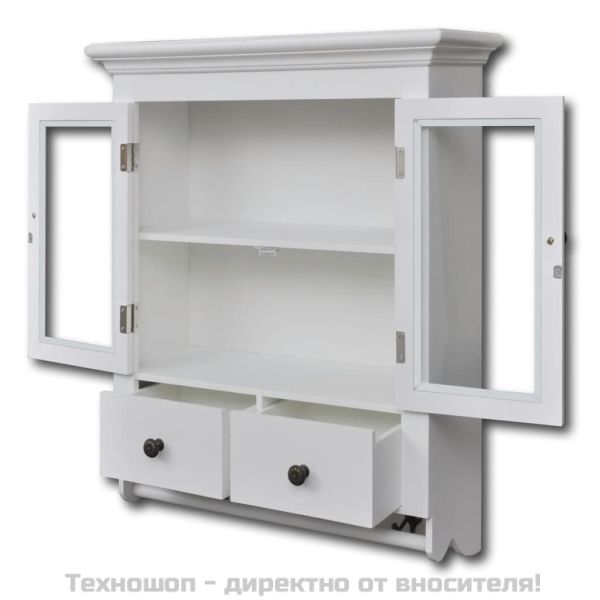Дървен стенен кухненски шкаф със стъклена врата, бял