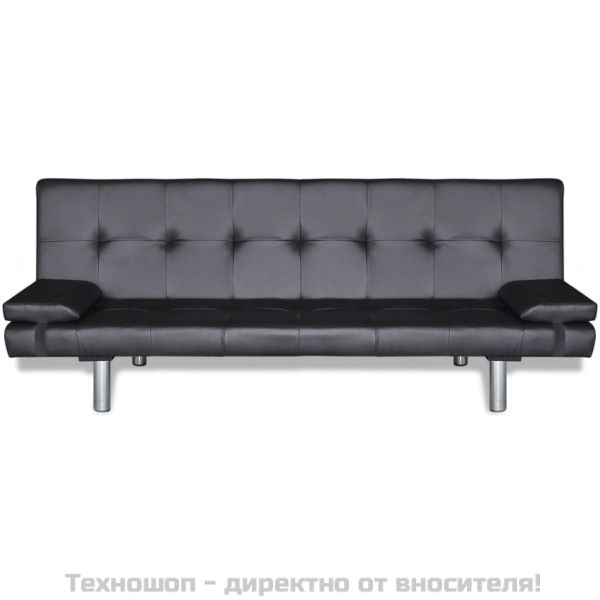 Разтегателен диван с две възглавници, изкуствена кожа, черен