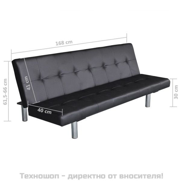 Разтегателен диван с две възглавници, изкуствена кожа, черен