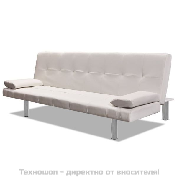 Разтегателен диван с две възглавници, изкуствена кожа, кремав