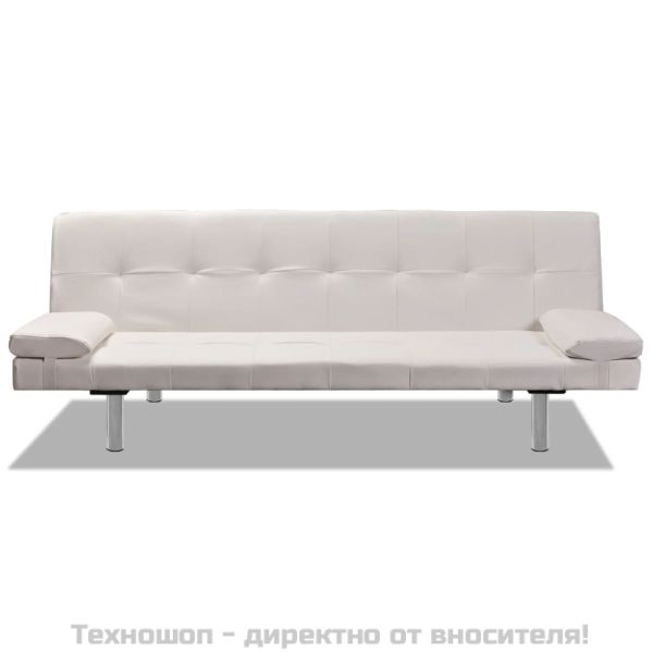 Разтегателен диван с две възглавници, изкуствена кожа, кремав