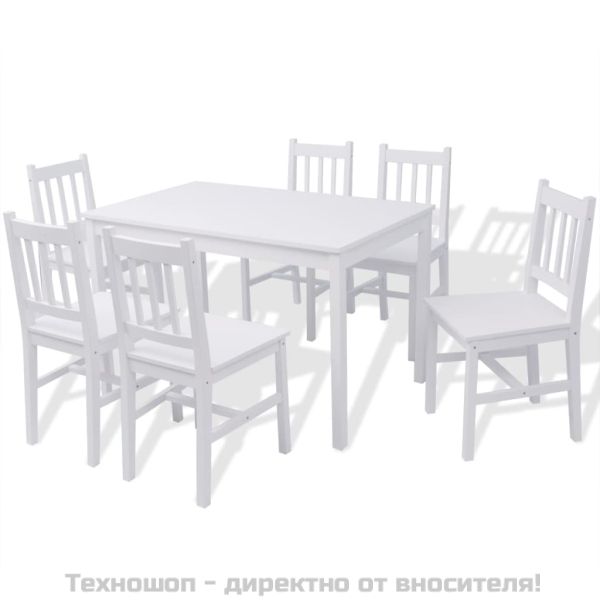 Трапезен комплект, 7 части, борово дърво, бял