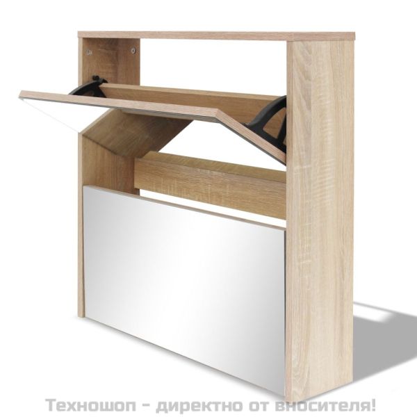 Шкаф за обувки с двойно огледало, дъб, 63x17x67 cм