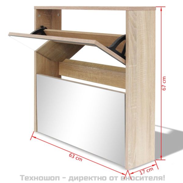 Шкаф за обувки с двойно огледало, дъб, 63x17x67 cм