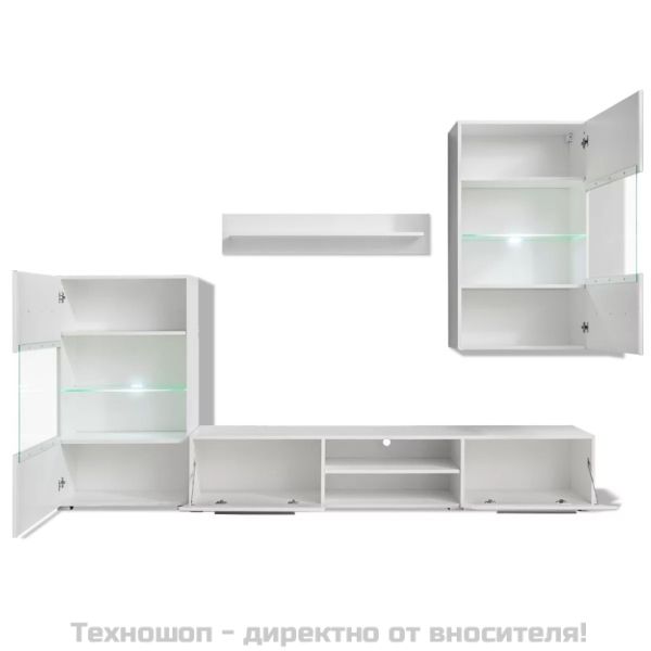 ТВ комплект шкафове, 5 части, с LED осветление, бял