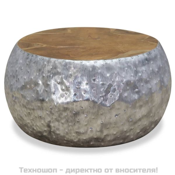 Маса за кафе, алуминий, тиково дърво, 60x60x30 см