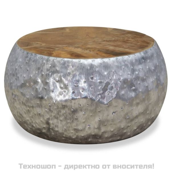 Маса за кафе, алуминий, тиково дърво, 60x60x30 см