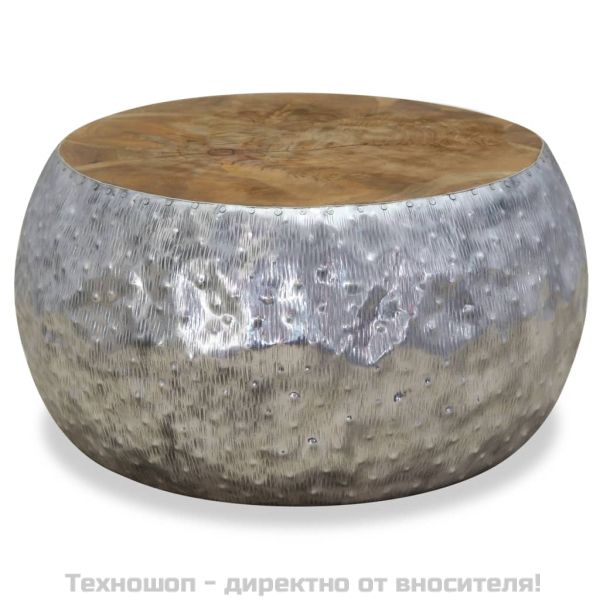 Маса за кафе, алуминий, тиково дърво, 60x60x30 см
