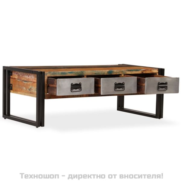Кафе маса с 3 чекмеджета, рециклирано дърво масив, 100x50x35 cм
