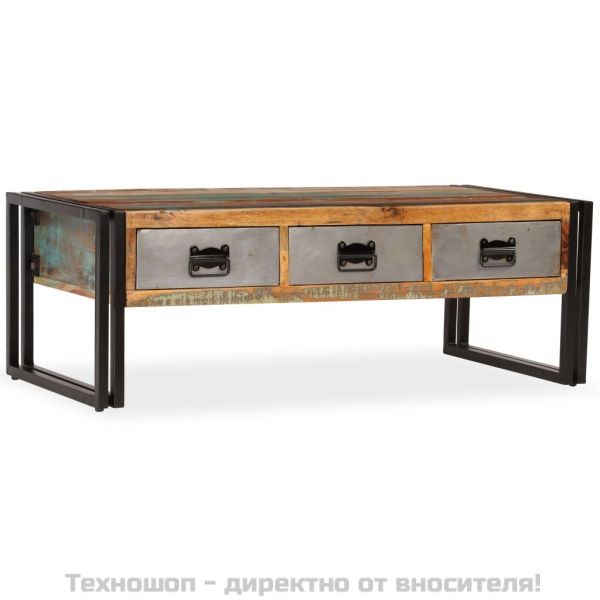 Кафе маса с 3 чекмеджета, рециклирано дърво масив, 100x50x35 cм
