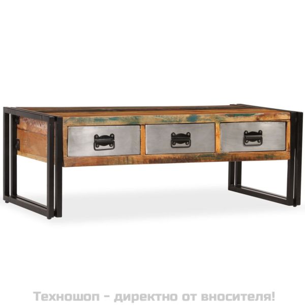 Кафе маса с 3 чекмеджета, рециклирано дърво масив, 100x50x35 cм