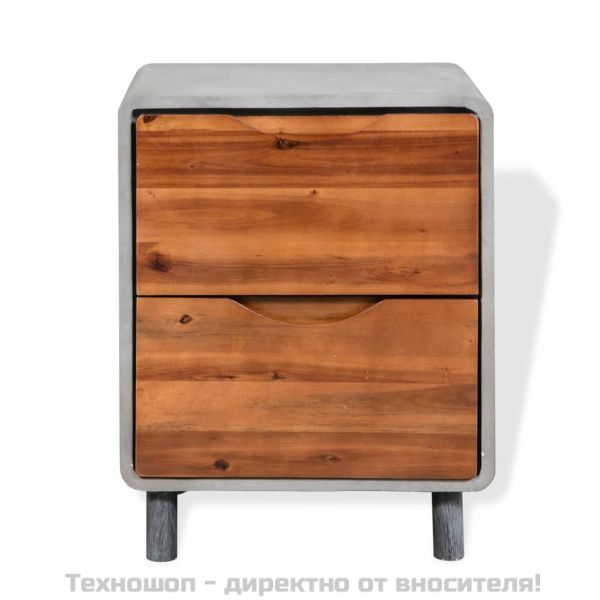 Нощно шкафче, бетон и акациево дърво масив, 40x30x50 cм