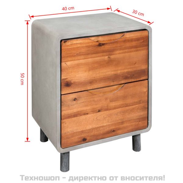 Нощно шкафче, бетон и акациево дърво масив, 40x30x50 cм