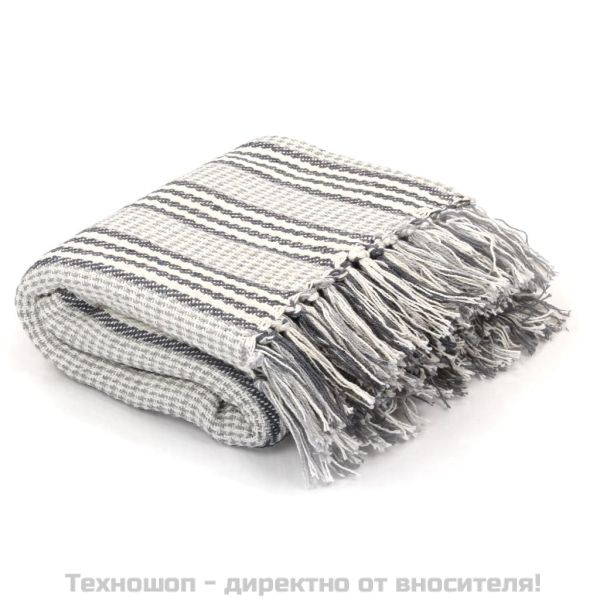Декоративно одеяло, памук, ивици, 125x150 см, сиво и бяло