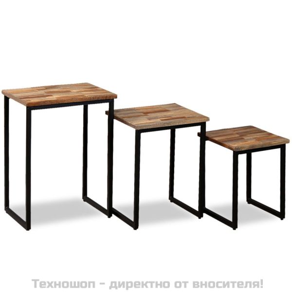 Комплект от 3 стифиращи кафе масички, регенериран тик масив