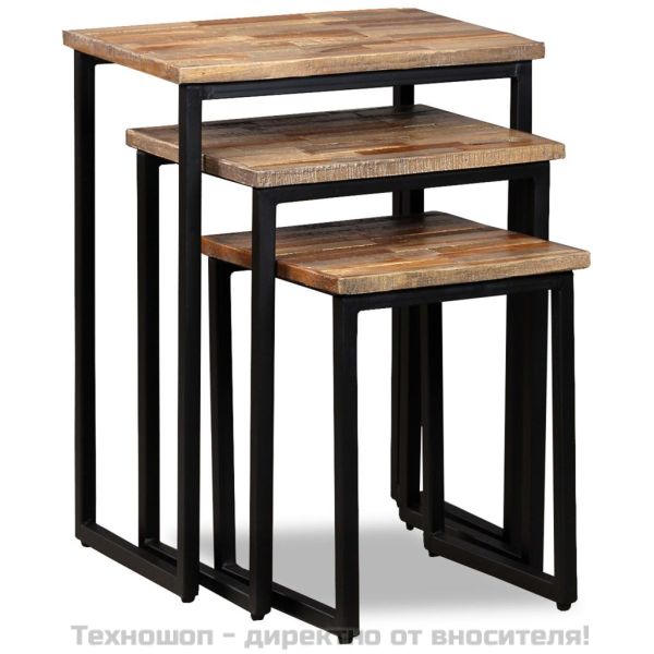 Комплект от 3 стифиращи кафе масички, регенериран тик масив