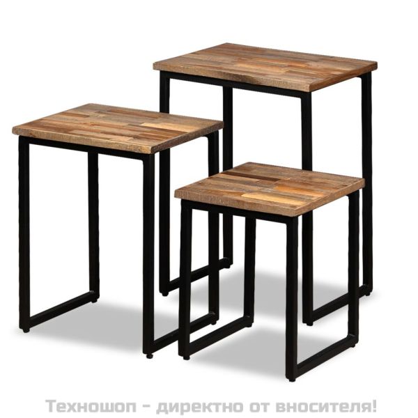 Комплект от 3 стифиращи кафе масички, регенериран тик масив