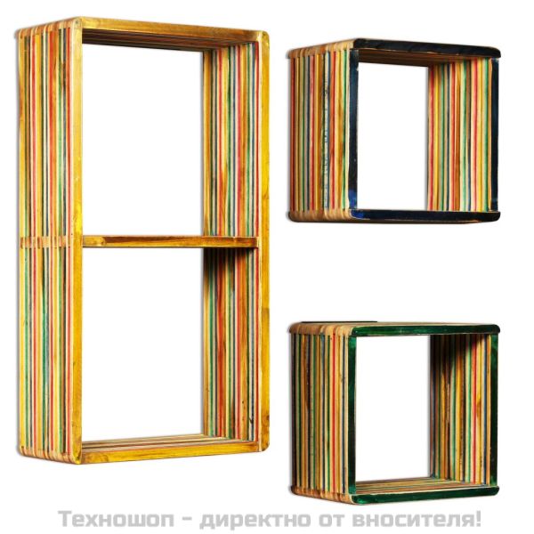 К-кт стенни рафтове, 3 бр, регенериран тик масив, многоцветен