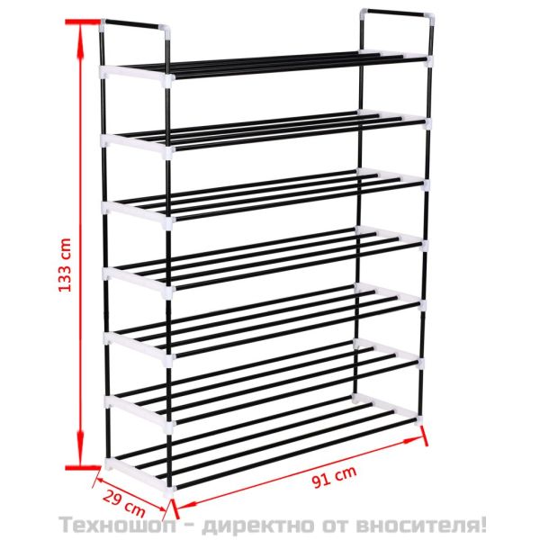 Стелаж за обувки със 7 рафта, метал и пластмаса, черен