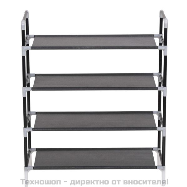 Стелаж за обувки с 4 рафта, метал и нетъкан текстил, черен