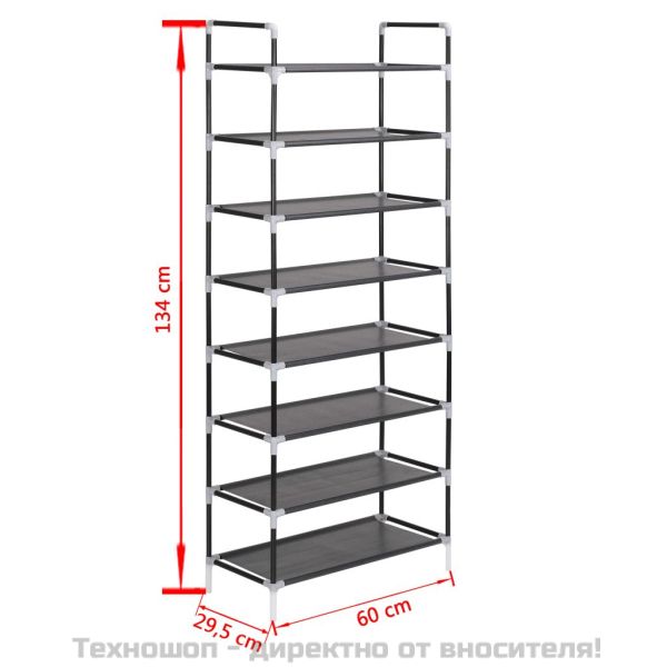 Стелаж за обувки с 8 рафта, метал и нетъкан текстил, черен