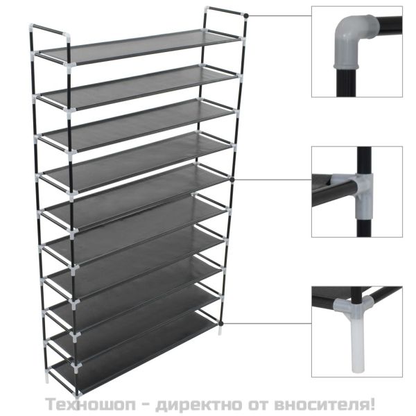 Стелаж за обувки с 10 рафта, метал и нетъкан текстил, черен