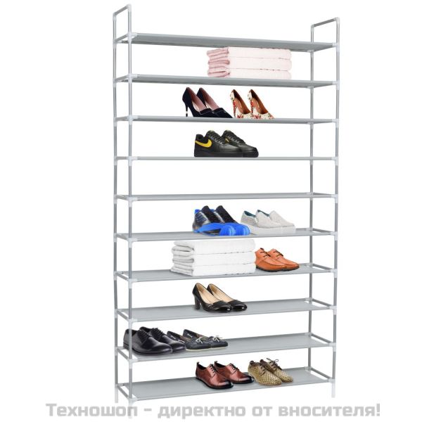 Стелаж за обувки с 10 рафта, метал и нетъкан текстил, черен